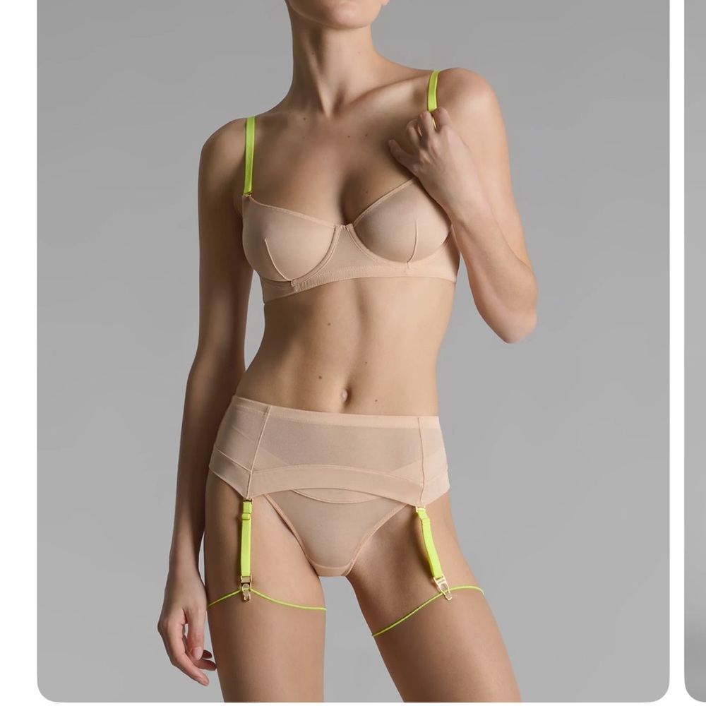 Maison Close Corps à Corps Garter Belt Nude Mesh Neon Yellow Straps XS New